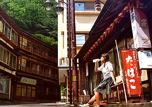brown wooden framed glass window, anime, school uniform, town, street HD wallpaper