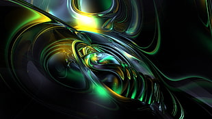 green and black digital wallpaper, fractal, shapes, digital art