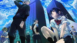 low angle photography of anime poster, Tokyo Ghoul, Kaneki Ken, Kirishima Touka, Shuu Tsukiyama HD wallpaper