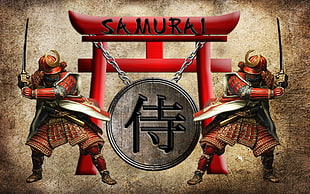 Samurai warriors illustration, samurai, shield, torii HD wallpaper