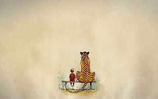 tiger sitting beside boy painting, Calvin and Hobbes, realistic, artwork, minimalism HD wallpaper