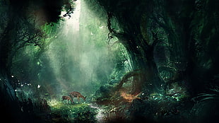 doe in the middle of forest painting HD wallpaper