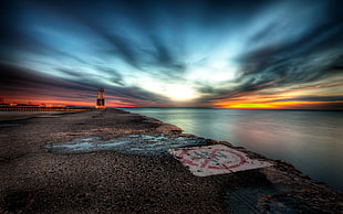 brown sand, sea, HDR, sunset, sky