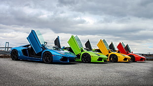 four assorted-color sports cars, Lamborghini, car, Lamborghini Aventador HD wallpaper