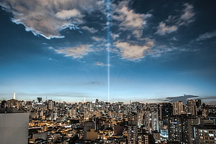 white and blue concrete building, cityscape, clouds, sky, architecture