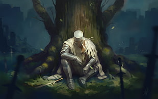 movie character sitting on tree digital wallpaper, Dark Souls, video games, sword, trees HD wallpaper