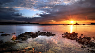 body of water, sea, nature, sunset, rock