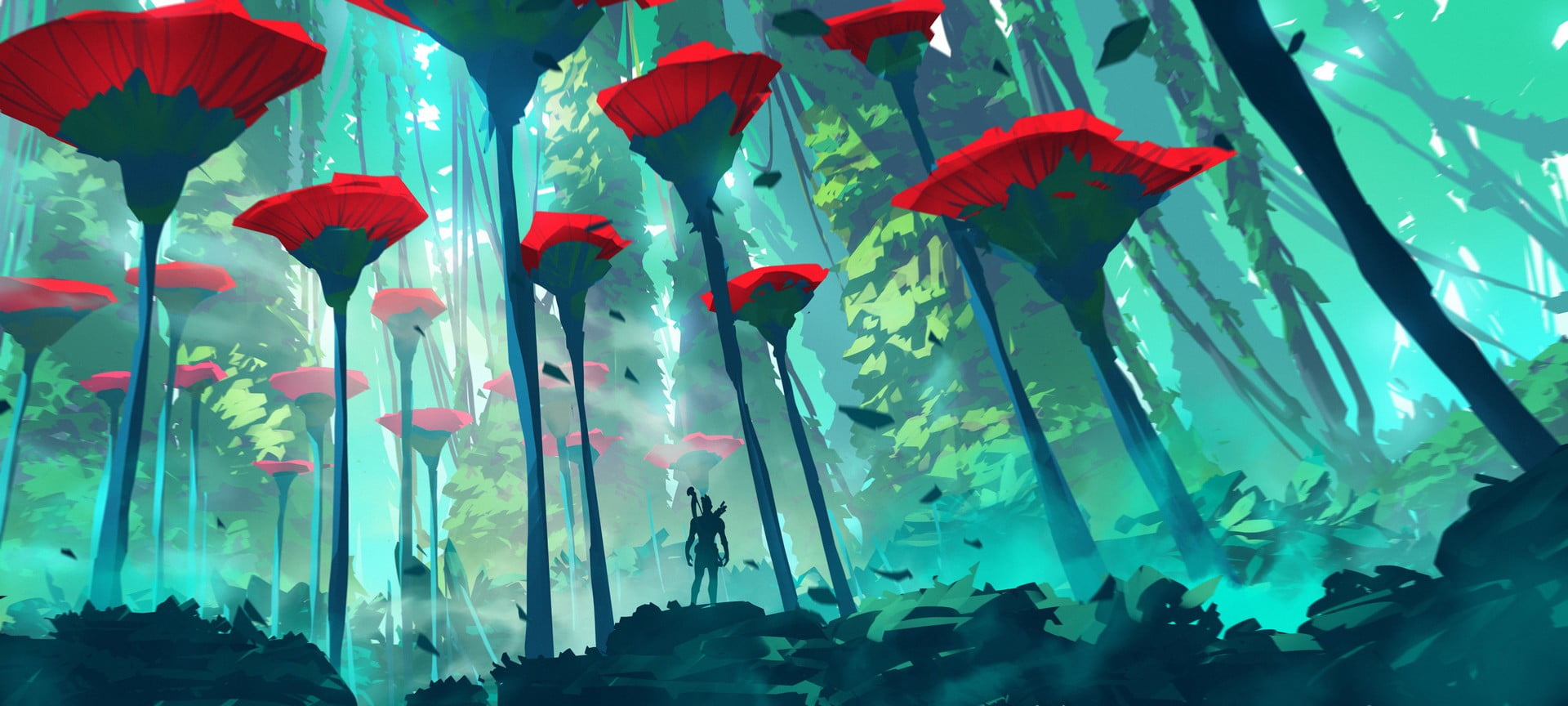 person at flower field digital wallpaper, Duelyst, video games, artwork, digital art