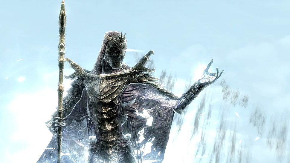 person wearing armor while holding staff digital wallpaper, The Elder Scrolls V: Skyrim, video games HD wallpaper