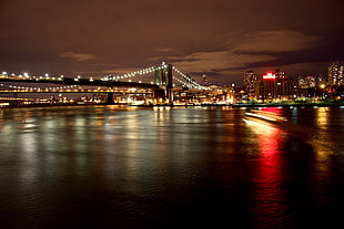 lighted cityscape near body of water