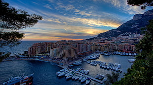 white boat lot, Monaco, sunset, coast, boat HD wallpaper