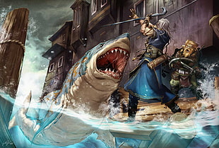man fighting shark digital wallpaper, artwork, warrior, shark, water HD wallpaper