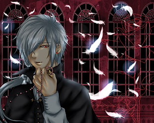 silver blonde long hair male vampire anime character holding prayer beads wearing black coat digital wallpaper HD wallpaper