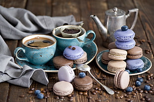 assorted pastries and two blue ceramic coffee mugs HD wallpaper