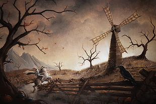brown windmill and horseman painting, fantasy art, artwork, knight, windmill HD wallpaper