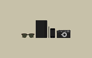 black sunglasses, flip case, android smartphone and camera HD wallpaper