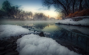 body of water with snow filled soil wallpaper, landscape, nature, river, trees HD wallpaper