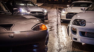 silver Nissan Skyline GTR, Nissan GT-R, Dodge Viper, Toyota Supra, car