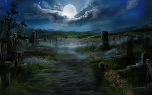 cemetery painting, night, Moon, clouds, cemetery HD wallpaper