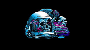 skull with helm illustration, artwork, astronaut, skull, mushroom HD wallpaper
