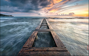 brown wooden dock, nature, landscape, sunset, clouds