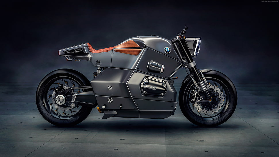 gray and black BMW motorcycle parked on gray surface HD wallpaper