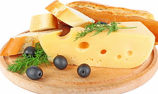cheese and bread on wooden tray HD wallpaper