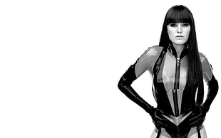 Jessie J grayscale photo, Watchmen, Silk Spectre, hands on hips, Malin Akerman