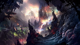 cave digital wallpaper, fantasy art, illustration, colorful, painting