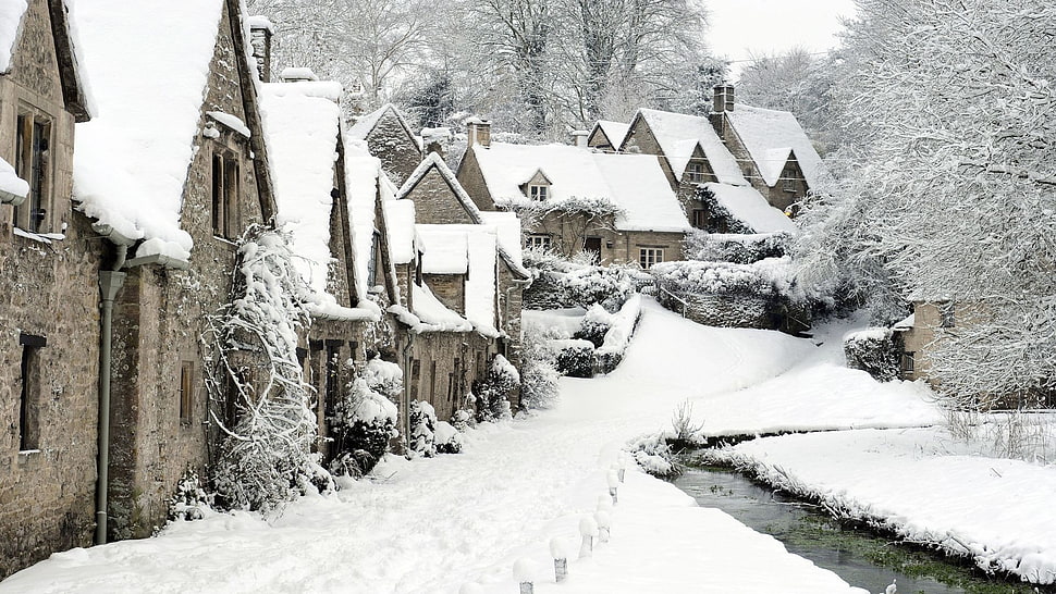 snow covered houses, snow, England, winter, Bibury, England HD wallpaper