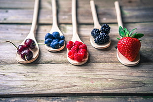 assorted berries and brown wooden ladles, food, fruit