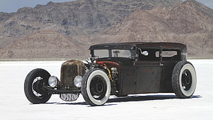 black car, car, mountains, Rat Rod HD wallpaper