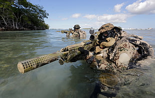 brown rifle with supressor, military, soldier