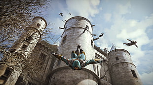 Assassins Creed Ezio jumping from castle digital wallpaper
