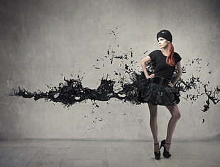 woman wearing black shirt and black skirt HD wallpaper