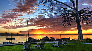 two white adirondack chair, HDR, sunset, sky, chair