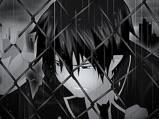 male anime character crying under the rain while holding on fence grayscale photo HD wallpaper