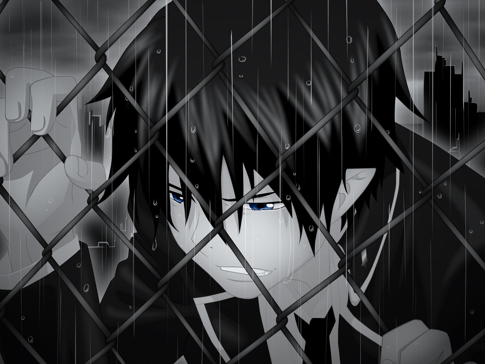 male anime character crying under the rain while holding on fence grayscale photo