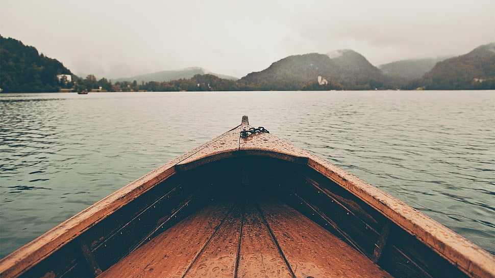 black and brown wooden table, landscape, lake, boat, filter HD wallpaper