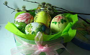 assorted floral eggs on green textile HD wallpaper