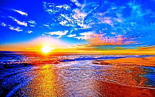 panoramic photography of seashore under white clouds during golden hour \ HD wallpaper