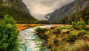 landscape painting, nature, landscape, river, mountains