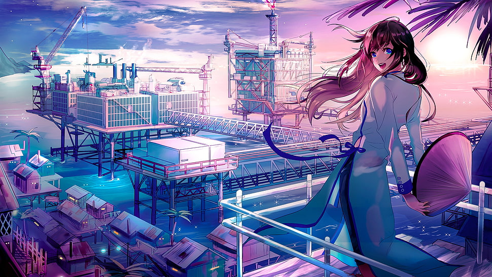 brown haired female illustration, industrial city, brunette, ribbon, clouds HD wallpaper