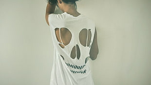 women's white skull shirt, women, model, long hair, brunette