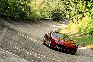 red Ford Mustang coupe, car, Ferrari, F12 Berlinetta , vehicle