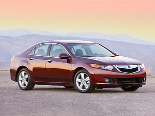 red Acura TSX parked near mountain during daytime HD wallpaper