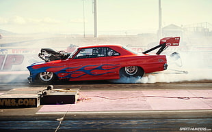 red coupe, car, vehicle, red cars