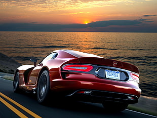photo Dodge Viper on road near ocean during golden hour HD wallpaper