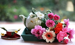 pink, white and orange flowers on table HD wallpaper