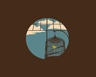 birdcage with yellow bird illustration, simple, minimalism, cages, birds HD wallpaper